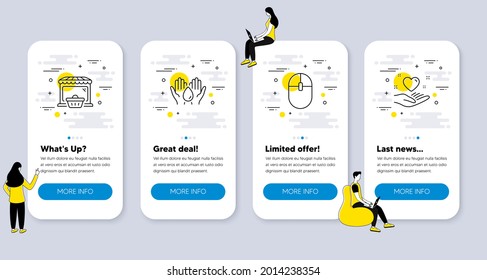 Set of Business icons, such as Online market, Safe water, Computer mouse icons. UI phone app screens with people. Hold heart line symbols. Shopping cart, Hold drop, Pc equipment. Friendship. Vector