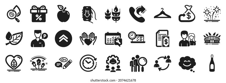 Set of Business icons, such as Online test, Local grown, Gluten free icons. Hold heart, Spanner, Fireworks rocket signs. Share call, Cloakroom, Time change. Couple, Apple, Champagne. Vector