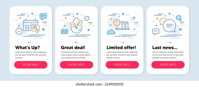 Set of Business icons, such as Online test, Spanner, Organic product symbols. Mobile screen banners. Text message line icons. Examination, Repair service, Leaf. Chat bubble. Online test icons. Vector