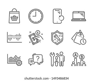 Set of Business icons, such as Operational excellence, Laptop, Question mark, Smartphone recovery, Time management, Repairman, Time, Column diagram, Online buying, Spanner, Payment method. Vector