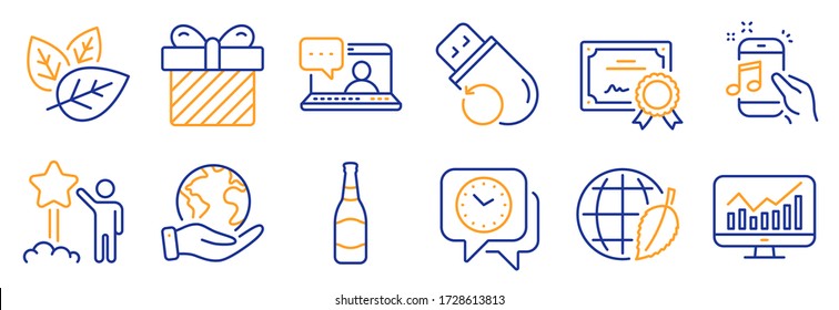 Set of Business icons, such as Organic tested, Star. Certificate, save planet. Music phone, Friends chat, Surprise. Clock, Flash memory, Beer bottle. Statistics, Environment day line icons. Vector