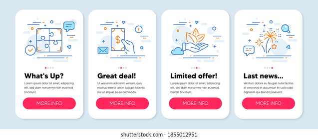 Set of Business icons, such as Organic product, Puzzle, Receive money symbols. Mobile screen banners. Fireworks line icons. Leaf, Engineering strategy, Cash payment. Pyrotechnic salute. Vector