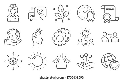 Set of Business icons, such as Packing boxes, Settings gears. Diploma, ideas, save planet. Hospital nurse, Sunny weather, Alarm bell. 24h service, Consolidation, Parcel delivery. Vector