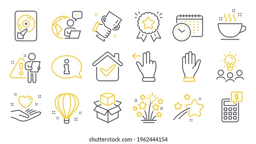 Set of Business icons, such as Packing boxes, Hdd, Business idea symbols. Hold heart, Calendar time, Touchscreen gesture signs. Fireworks stars, Coffee cup, Calculator. Information, Hand. Vector