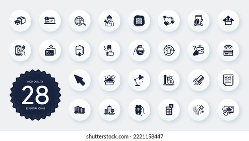 Set of Business icons, such as Packing boxes, Fireworks and Card flat icons. Change clothes, Cloud computing, Fake news web elements. Drop counter, Leadership, Coffee pot signs. Circle buttons. Vector