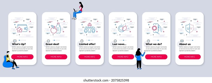 Set Of Business Icons, Such As Paint Brush, Engineering Team, Healthy Food Icons. UI Phone App Screens With Teamwork. Loyalty Program, Covid App, Uv Protection Line Symbols. Vector