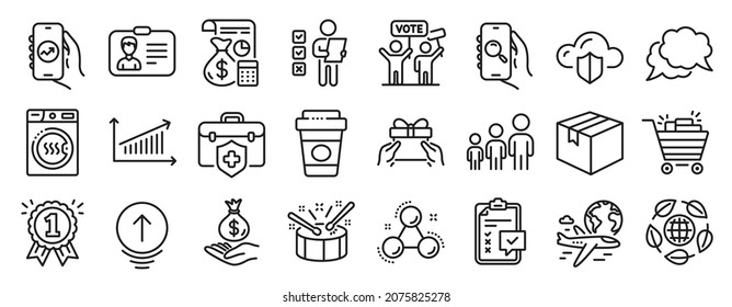 Set of Business icons, such as Parcel, Income money, Chart icons. Business hierarchy, International flight, Search app signs. Eco organic, Shopping cart, Voting campaign. Drums, Swipe up. Vector