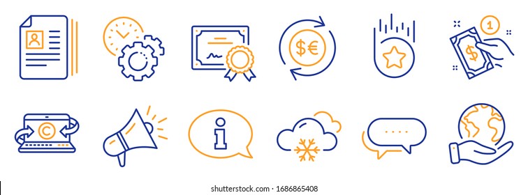 Set Of Business Icons, Such As Payment Method, Information. Certificate, Save Planet. Snow Weather, Megaphone, Copywriting Notebook. Dots Message, Money Currency, Loyalty Star. Vector