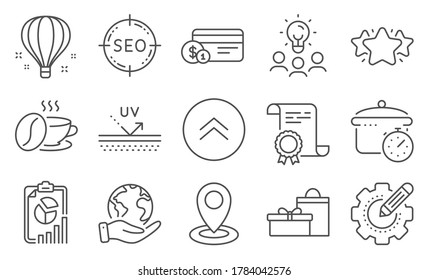 Set of Business icons, such as Payment method, Report. Diploma, ideas, save planet. Location, Air balloon, Seo. Coffee cup, Boiling pan, Swipe up. Gifts, Uv protection, Settings gear. Vector