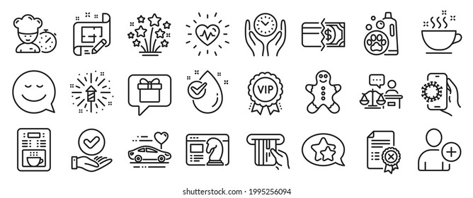 Set of Business icons, such as Payment methods, Coffee maker, Add user icons. Coffee cup, Smile, Fireworks explosion signs. Honeymoon travel, Vip award, Credit card. Pet shampoo, Heartbeat. Vector