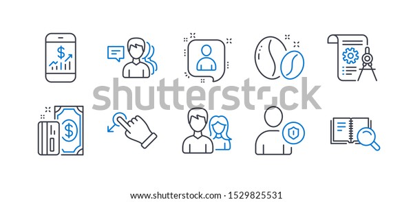Set of Business icons, such as Payment, Developers\
chat, Drag drop, Security, Couple, Divider document, Coffee beans,\
People, Mobile finance, Search book line icons. Cash money, Manager\
talk. Vector