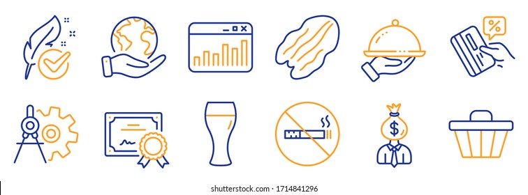 Set of Business icons, such as Pecan nut, Shop cart. Certificate, save planet. Credit card, Cogwheel dividers, Manager. Restaurant food, Marketing statistics, No smoking. Vector