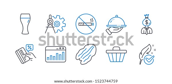 Set\
of Business icons, such as Pecan nut, Shop cart, Credit card,\
Cogwheel dividers, Manager, Restaurant food, Marketing statistics,\
No smoking, Beer glass, Hypoallergenic tested.\
Vector