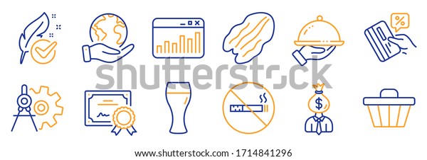 Set of Business\
icons, such as Pecan nut, Shop cart. Certificate, save planet.\
Credit card, Cogwheel dividers, Manager. Restaurant food, Marketing\
statistics, No smoking.\
Vector