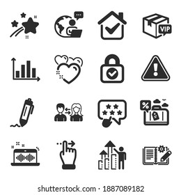 Set of Business icons, such as People communication, Vip parcel, Signature symbols. Heart, Engineering documentation, Touchscreen gesture signs. Music making, Security lock, Ranking star. Vector