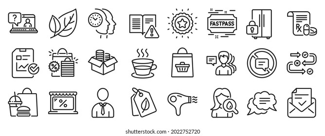 Set of Business icons, such as People, Shopping bags, Text message icons. Hair dryer, Winner star, Coffee cup signs. Faq, Survey progress, Approved mail. Leaf, Refrigerator, Market. Human. Vector