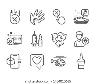 Set of Business icons, such as Person idea, Recycle, Medical vaccination, Car service, Loan percent, Augmented reality, Web system, Medical helicopter, Reject click, Scotch bottle, Heart. Vector