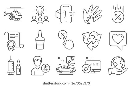 Set of Business icons, such as Person idea, Recycle. Diploma, ideas, save planet. Medical vaccination, Car service, Loan percent. Augmented reality, Web system, Medical helicopter. Vector