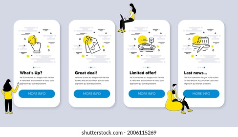 Set Of Business Icons, Such As Pet Tags, Touchscreen Gesture, Car Parking Icons. UI Phone App Screens With People. Select Flight Line Symbols. Dog Bone, Zoom In, Transport Place. Vector