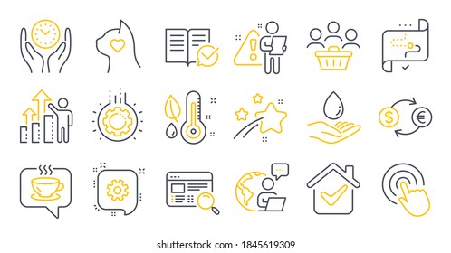 Set of Business icons, such as Pets care, Cogwheel, Target path symbols. Thermometer, Buyers, Water care signs. Approved documentation, Click, Gear. Coffee, Website search, Safe time. Vector