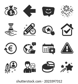 Set of Business icons, such as Pie chart, Exchange currency, Smile face symbols. Fireworks, Time hourglass, Hold heart signs. Check investment, Startup, Left arrow. Travel calendar, Couple. Vector