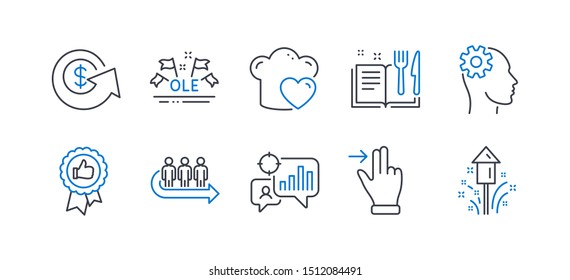 Set of Business icons, such as Positive feedback, Touchscreen gesture, Recipe book, Ole chant, Engineering, Seo statistics, Dollar exchange, Love cooking, Queue, Fireworks line icons. Vector