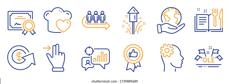 Set of Business icons, such as Positive feedback, Touchscreen gesture. Certificate, save planet. Recipe book, Ole chant, Engineering. Seo statistics, Dollar exchange, Love cooking. Vector