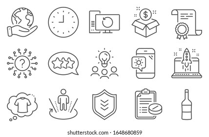 Set of Business icons, such as Post package, Start business. Diploma, ideas, save planet. Shield, Clock, Stars. Question mark, Medical prescription, Weather phone. Vector