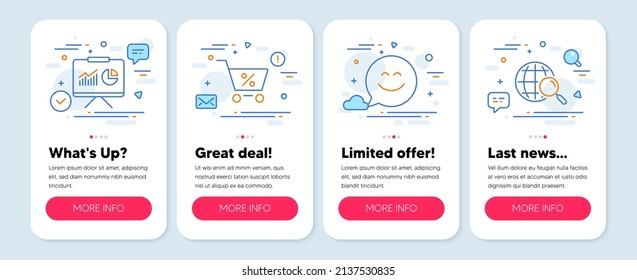 Set of Business icons, such as Presentation, Special offer, Smile chat symbols. Mobile screen banners. Web search line icons. Board with charts, Discounts, Happy face. Find internet. Vector