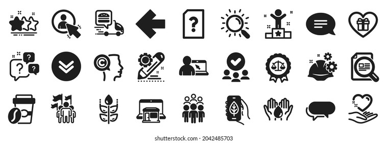 Set of Business icons, such as Project edit, Leadership, Writer icons. Chat, Working process, Unknown file signs. Scroll down, Justice scales, Wash hands. Stars, Question bubbles, User. Vector