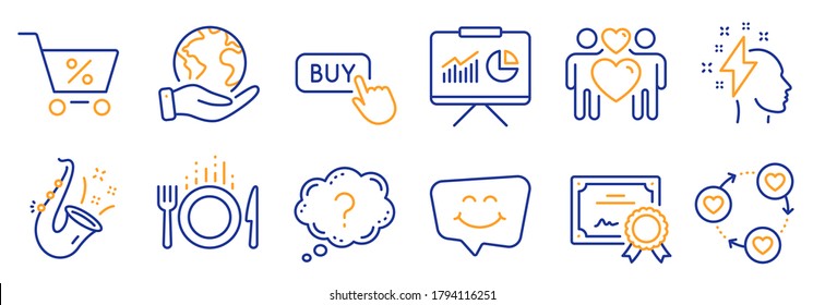 Set of Business icons, such as Question mark, Special offer. Certificate, save planet. Smile chat, Brainstorming, Jazz. Love couple, Friends community, Food. Vector
