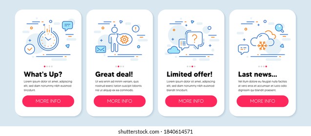 Set of Business icons, such as Question mark, Time, Cogwheel symbols. Mobile screen app banners. Snow weather line icons. Quiz chat, Clock, Engineering tool. Snowflake. Question mark icons. Vector