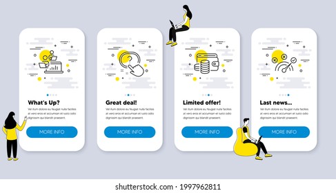 Set of Business icons, such as Question button, Teamwork, Wallet money icons. UI phone app screens with people. Correct answer line symbols. Quiz, Networking, Coins. Speed symbol. Vector