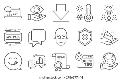 Set of Business icons, such as Quick tips, Reject protection. Diploma, ideas, save planet. Weather thermometer, Fastpass, Skin care. Downloading, Online documentation, Graph chart. Vector