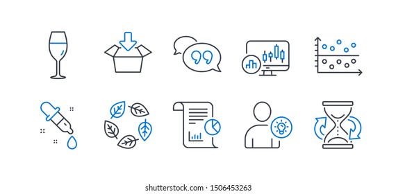 Set of Business icons, such as Quote bubble, Dot plot, User idea, Candlestick chart, Chemistry pipette, Get box, Organic tested, Report, Wineglass, Hourglass line icons. Line quote bubble icon. Vector