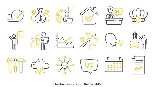 Set of Business icons, such as Quote bubble, Approved checklist, Fireworks symbols. Agent, Check investment, Checkbox signs. Spanner tool, Breathing exercise, Calendar. Diagram chart. Vector