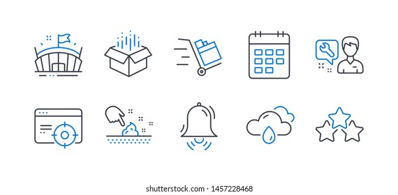 Set of Business icons, such as Rainy weather, Calendar, Push cart, Skin moisture, Repairman, Clock bell, Open box, Seo targeting, Arena, Ranking stars line icons. Rain, Event reminder. Vector