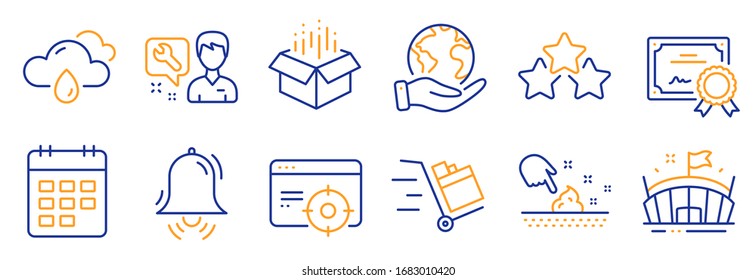 Set of Business icons, such as Rainy weather, Calendar. Certificate, save planet. Push cart, Skin moisture, Repairman. Clock bell, Open box, Seo targeting. Arena, Ranking stars line icons. Vector