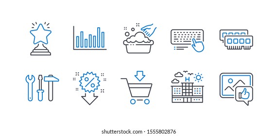 Set of Business icons, such as Ram, Hand washing, Hotel, Winner, Discount, Online market, Bar diagram, Computer keyboard, Spanner tool, Like photo line icons. Line ram icon. Vector