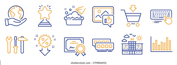 Set of Business icons, such as Ram, Hand washing. Certificate, save planet. Hotel, Winner, Discount. Online market, Bar diagram, Computer keyboard. Spanner tool, Like photo line icons. Vector