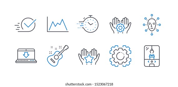 Set of Business icons, such as Ranking, Checkbox, Seo gear, Timer, Diagram, Employee hand, Internet downloading, Guitar, Face biometrics, Crane claw machine line icons. Hold star, Approved. Vector