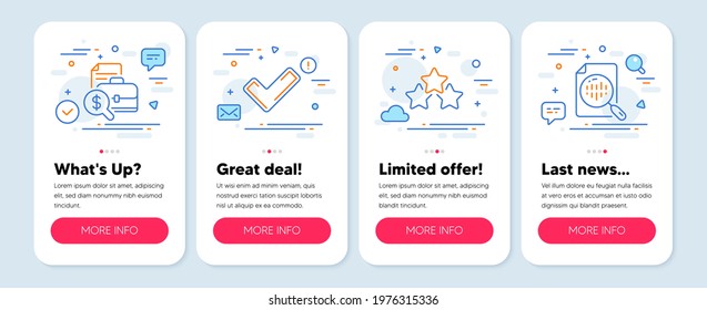 Set Of Business Icons, Such As Ranking Stars, Tick, Accounting Report Symbols. Mobile Screen Banners. Analytics Chart Line Icons. Winner Award, Confirm Check, Financial Case. Report Analysis. Vector