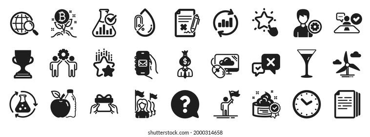 Set of Business icons, such as Ranking star, Cream, Windmill turbine icons. Bitcoin project, Time, Chemistry experiment signs. Leadership, Support, Reject file. No alcohol, Manager, Apple. Vector