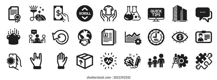 Set of Business icons, such as Receive money, Engineering, Web tutorials icons. Identification card, Puzzle, Chemistry lab signs. Covid app, Hand, Global business. Cv documents, Horns hand. Vector