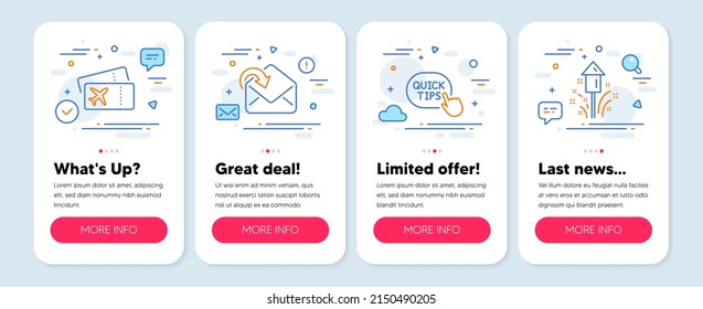 Set of Business icons, such as Receive mail, Boarding pass, Quick tips symbols. Mobile screen app banners. Fireworks line icons. Incoming message, Flight ticket, Helpful tricks. Vector