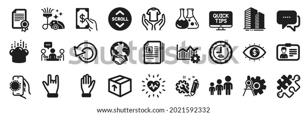 Set of Business icons, such as Receive money,
Engineering, Web tutorials icons. Identification card, Puzzle,
Chemistry lab signs. Covid app, Hand, Global business. Cv
documents, Horns hand.
Vector