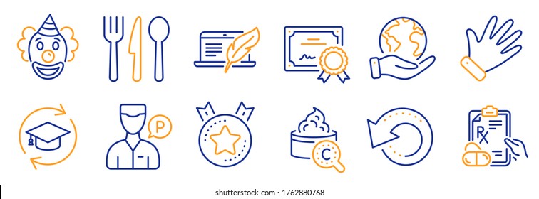 Set of Business icons, such as Recovery data, Food. Certificate, save planet. Ranking star, Collagen skin, Prescription drugs. Copyright laptop, Valet servant, Hand. Vector