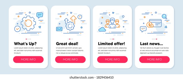 Set of Business icons, such as Recovery gear, Seo gear, Group symbols. Mobile app mockup banners. Payment method line icons. Backup info, Cogwheel, Group of people. Cash or non-cash payment. Vector