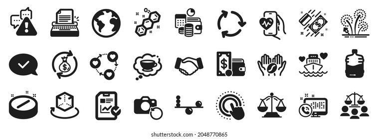 Set of Business icons, such as Recovery photo, Court jury, Payment icons. Cardio training, Chemical formula, World planet signs. Fireworks, Cooler bottle, Balance. Budget accounting. Vector