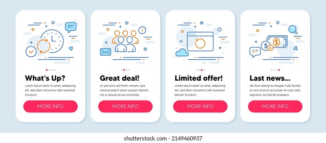 Set of Business icons, such as Recovery internet, Update time, Group symbols. Mobile screen app banners. Dollar money line icons. Backup info, Refresh clock, Developers. Cash with coins. Vector